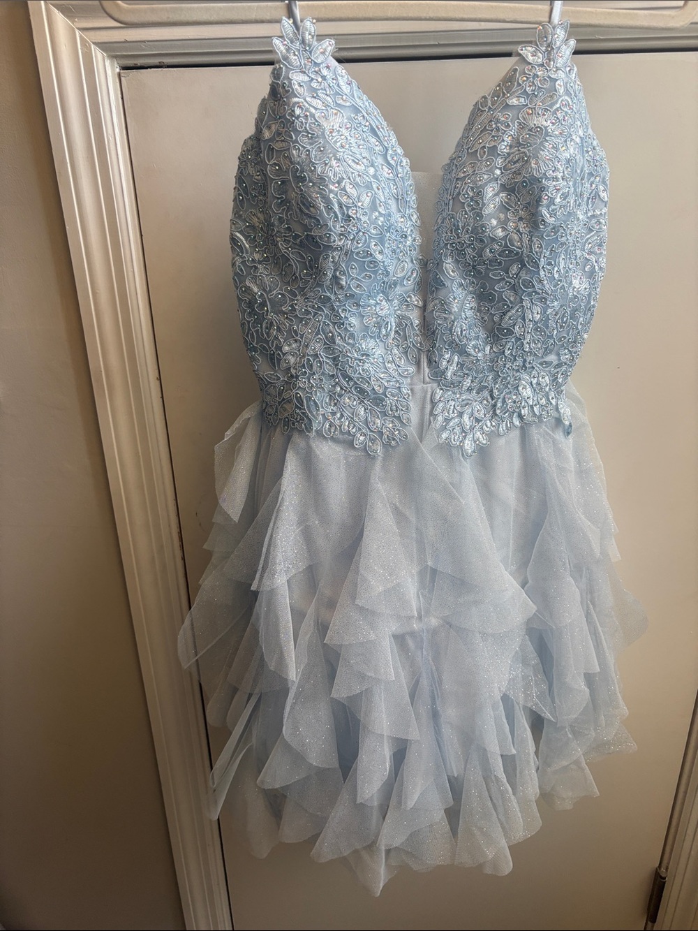 Embellished Light Blue Lace & Ruffle Tulle Chemise